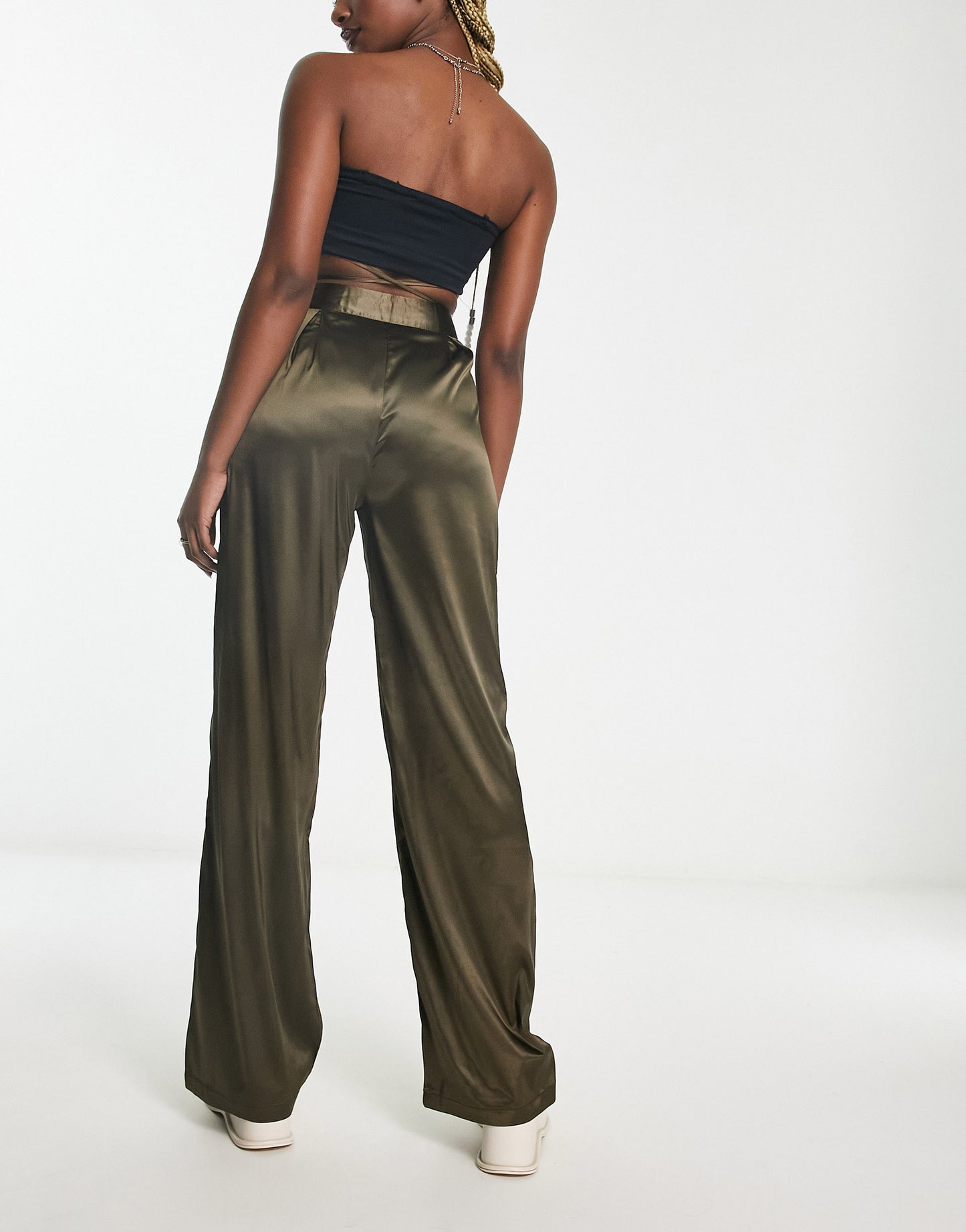 Heartbreak satin wrap around tie waist wide leg trousers in khaki