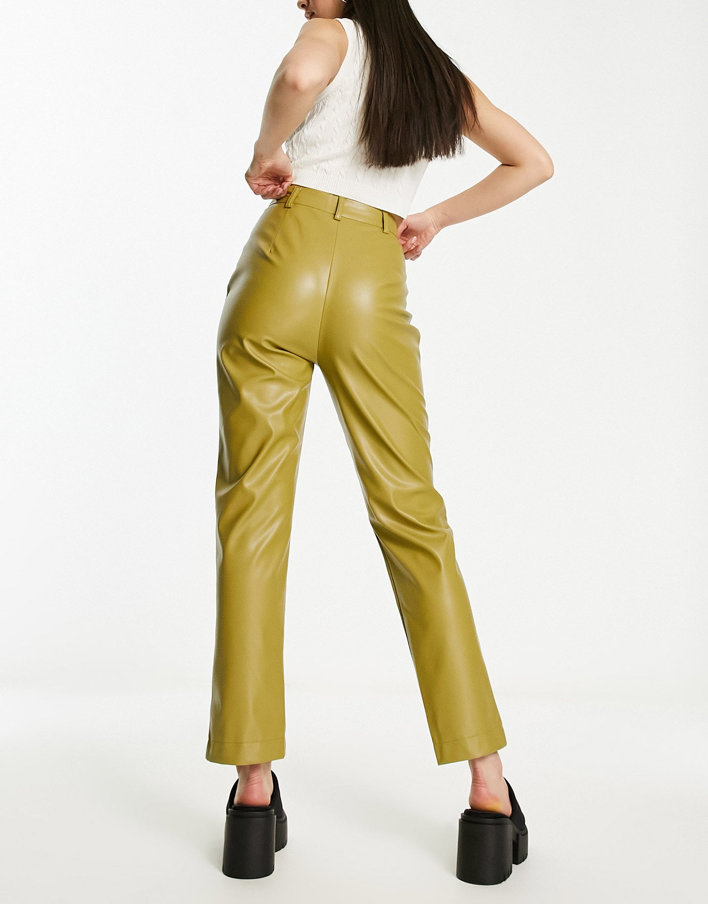 Heartbreak faux leather split front trousers in olive