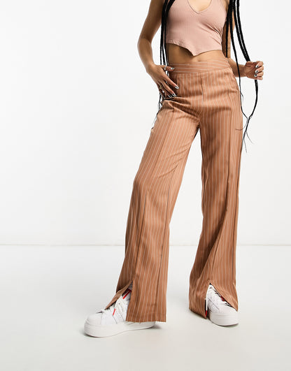 Heartbreak Petite pinstripe wide leg split front trousers in brown