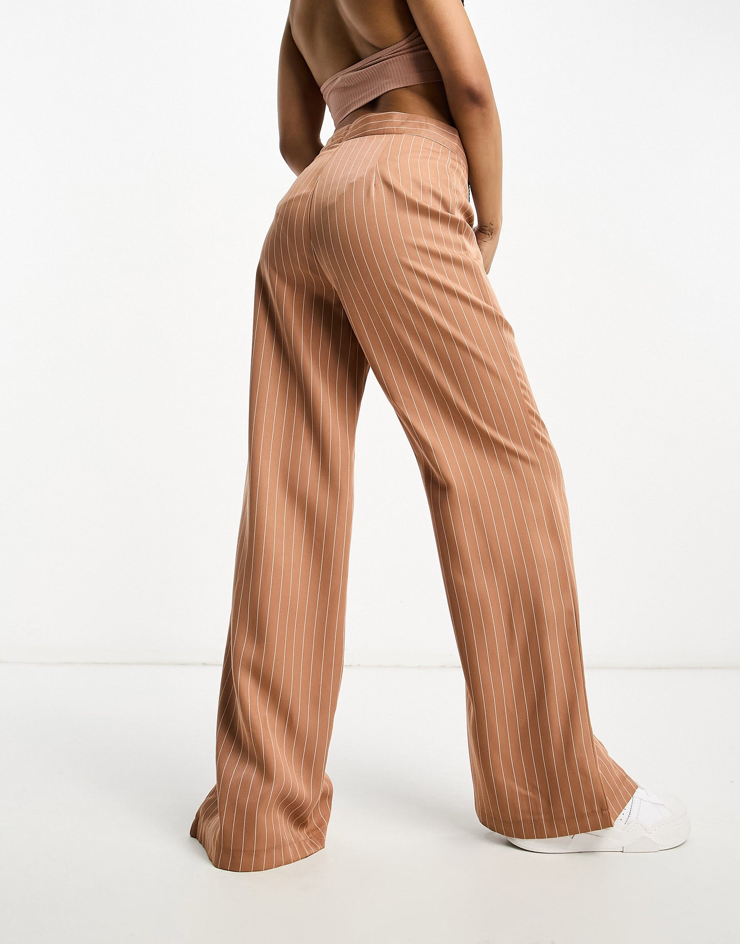 Heartbreak Petite pinstripe wide leg split front trousers in brown