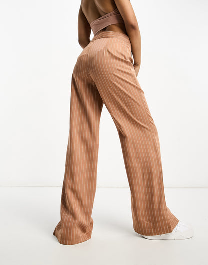 Heartbreak Petite pinstripe wide leg split front trousers in brown