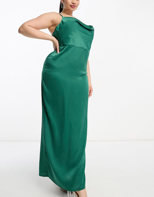 NaaNaa Plus cowl neck satin prom maxi dress in emerald green