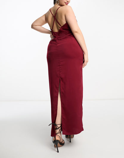 NaaNaa Plus cowl neck satin prom maxi dress in burgundy