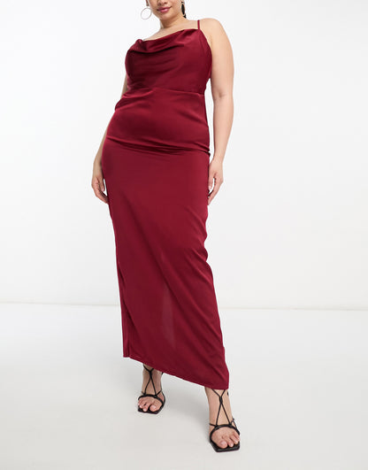 NaaNaa Plus cowl neck satin prom maxi dress in burgundy