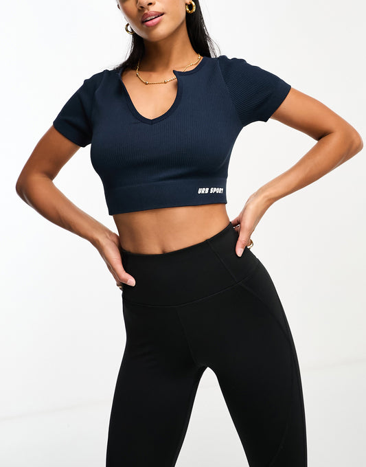 Urban Threads Petite notch neck seamless sports crop top in navy