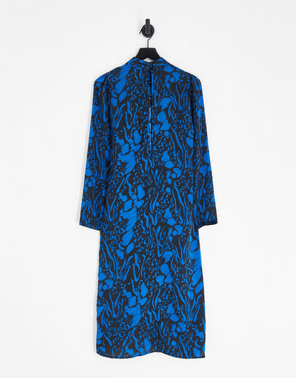 Object printed midi dress with wrap detail in blue and black