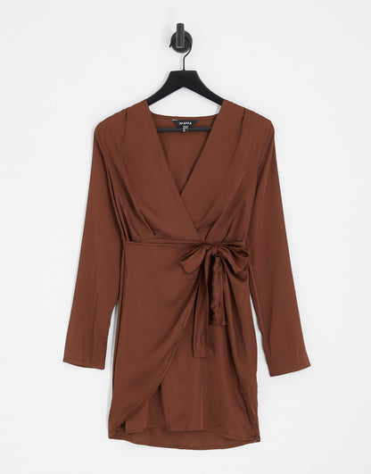 NaaNaa satin mini long sleeve ruffle dress in brown