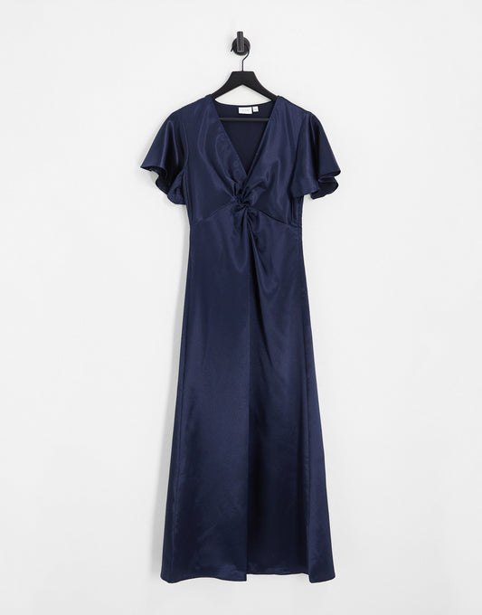 Vila Bridesmaid satin flutter sleeve maxi dress in navy