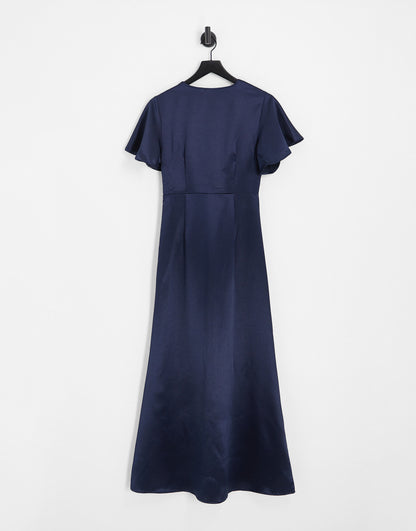 Vila Bridesmaid satin flutter sleeve maxi dress in navy