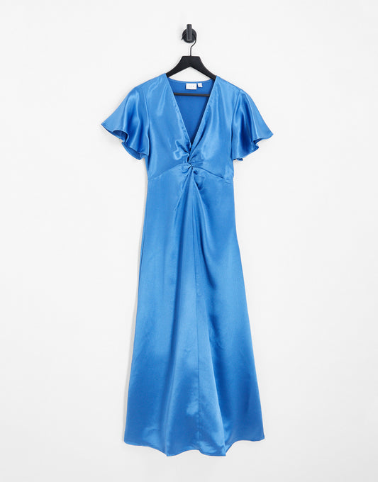 Vila Bridesmaid satin flutter sleeve maxi dress in blue