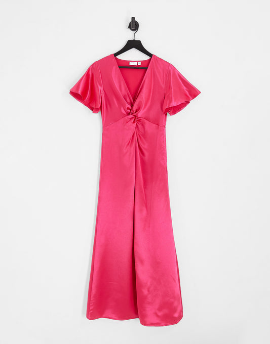 Vila Bridesmaid satin flutter sleeve maxi dress in pink