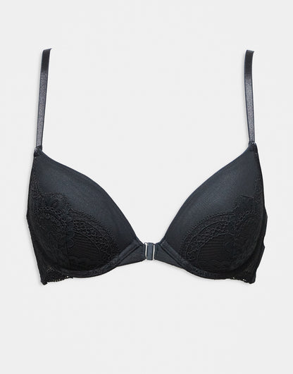 Hunkemoller Samantha lace padded plunge bra with hardwear detail in black