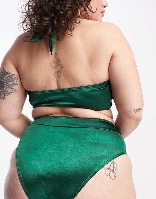 South Beach Curve Exclusive high waist bikini bottom in high shine emerald green