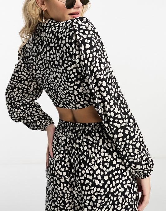 Miss Selfridge tie front shirt co-ord in mono heart print