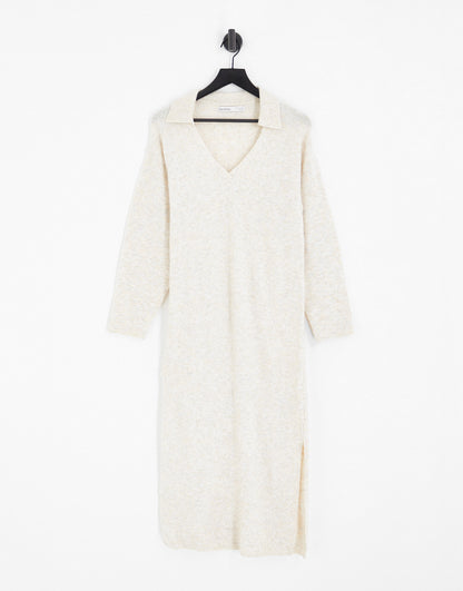 Bershka collared knitted midi dress in sand