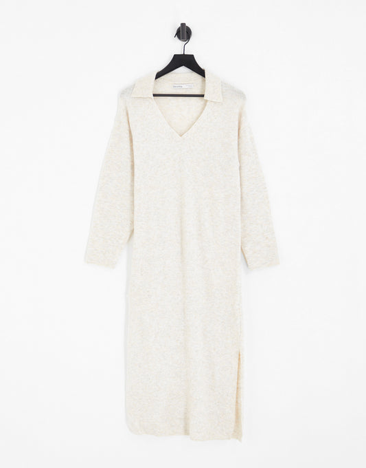 Bershka collared knitted midi dress in sand