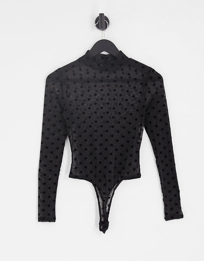 ASOS DESIGN Petite mesh long sleeve dobby polka dot flock bodysuit in black