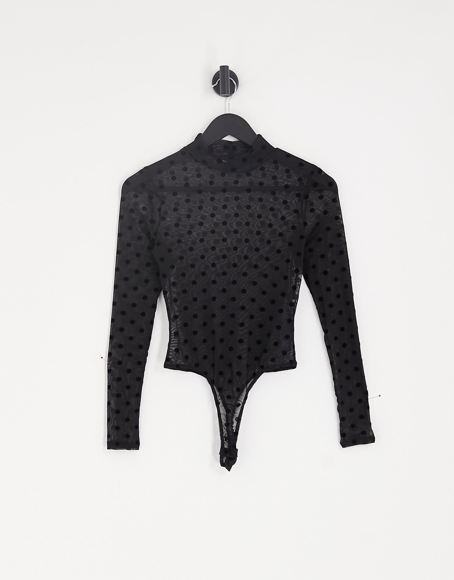 ASOS DESIGN Petite mesh long sleeve dobby polka dot flock bodysuit in black