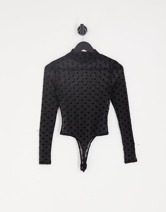 ASOS DESIGN Petite mesh long sleeve dobby polka dot flock bodysuit in black