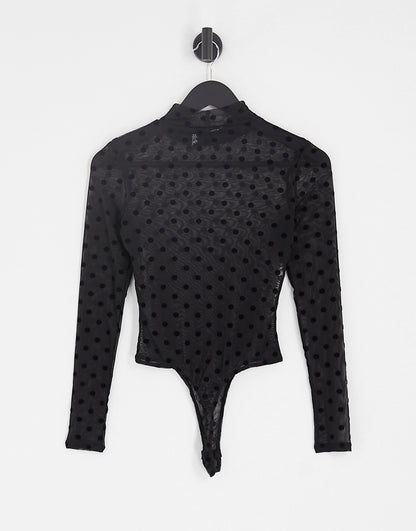 ASOS DESIGN Petite mesh long sleeve dobby polka dot flock bodysuit in black