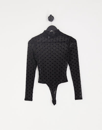 ASOS DESIGN Petite mesh long sleeve dobby polka dot flock bodysuit in black