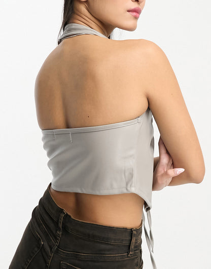 Heartbreak PU tie  up halter neck crop top in grey