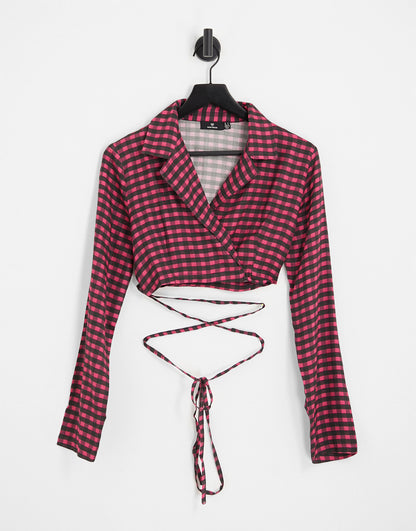 Heartbreak tie waist cropped blazer co-ord in pink check