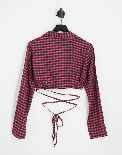 Heartbreak tie waist cropped blazer co-ord in pink check