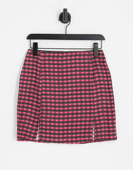 Heartbreak mini skirt with front slits co-ord in pink check