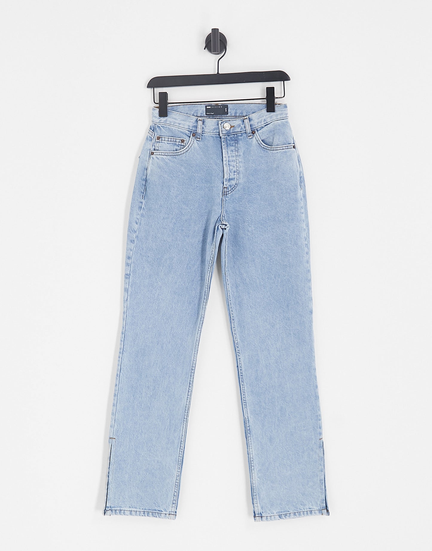 ASOS DESIGN mid rise straight jean in vintage light blue with split hem