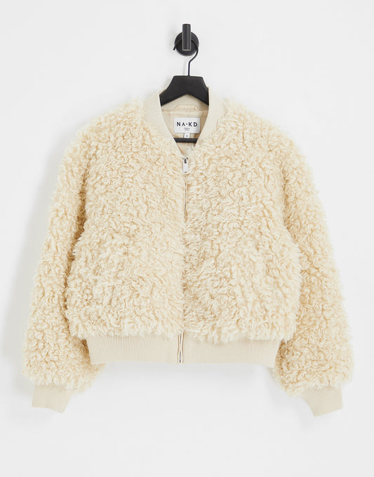 NA-KD faux fur bomber jacket in beige