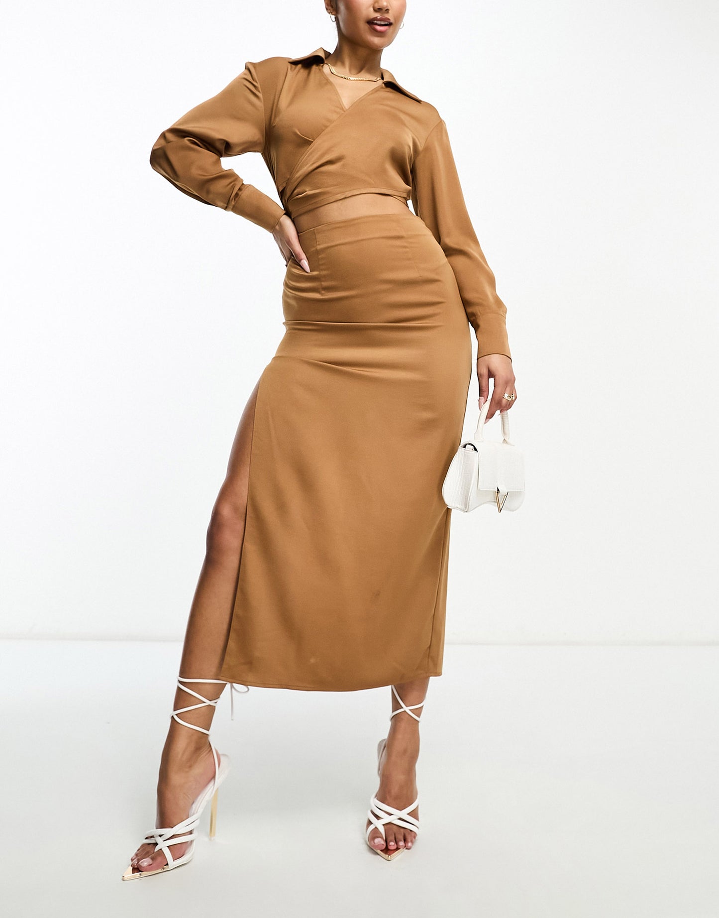 Aria Cove satin wrap front cut out waist midi shirt dress in camel