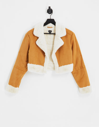 River Island Petite crop faux shearling jacket with borg trim in light brown