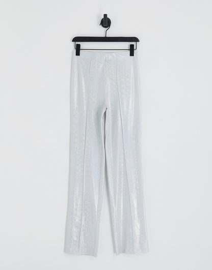 Pieces Premium exclusive holographic flared trousers co-ord in silver