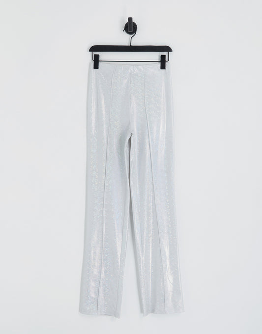 Pieces Premium exclusive holographic flared trousers co-ord in silver