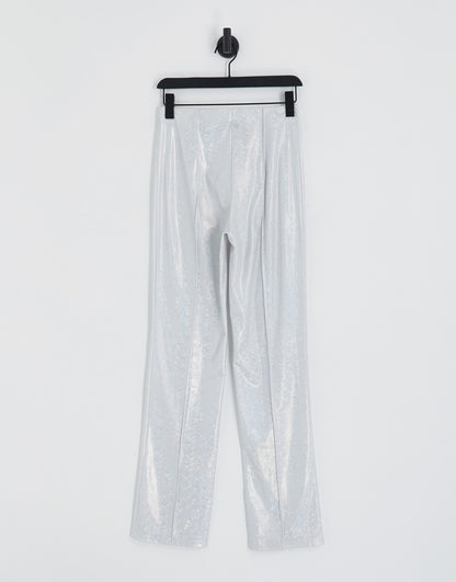 Pieces Premium exclusive holographic flared trousers co-ord in silver