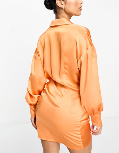 Aria Cove satin drape front collar detail shirt dress in orange