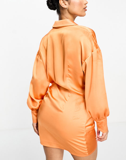 Aria Cove satin drape front collar detail shirt dress in orange