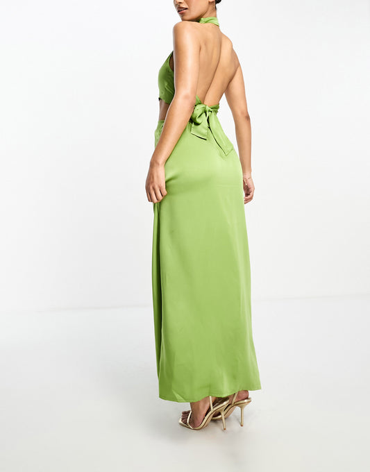 Aria Cove satin halterneck twist detail maxi dress in green