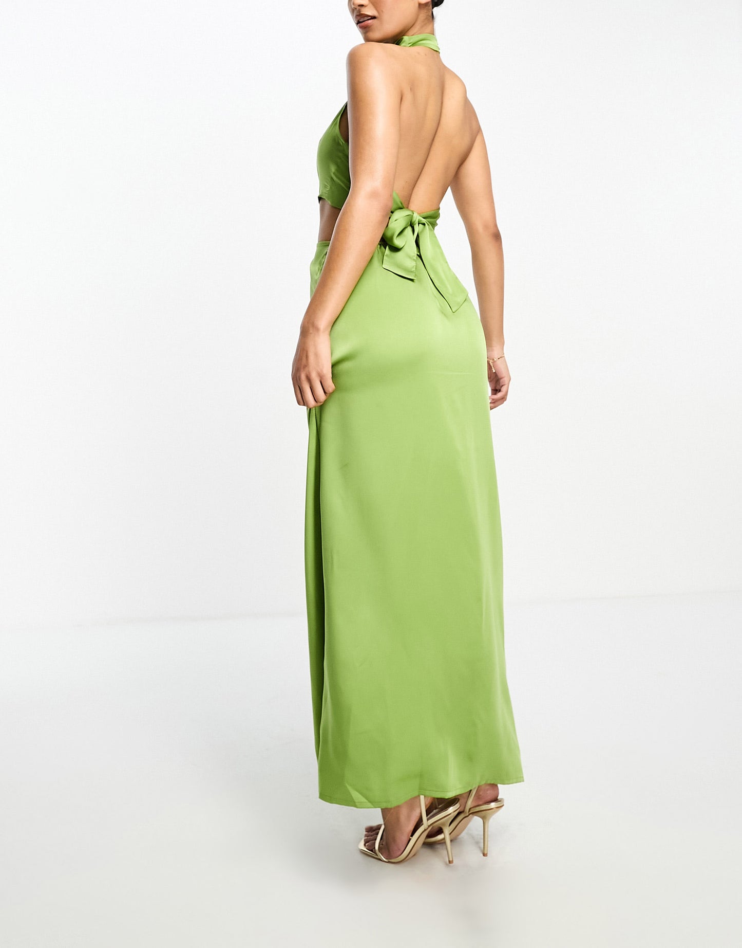 Aria Cove satin halterneck twist detail maxi dress in green