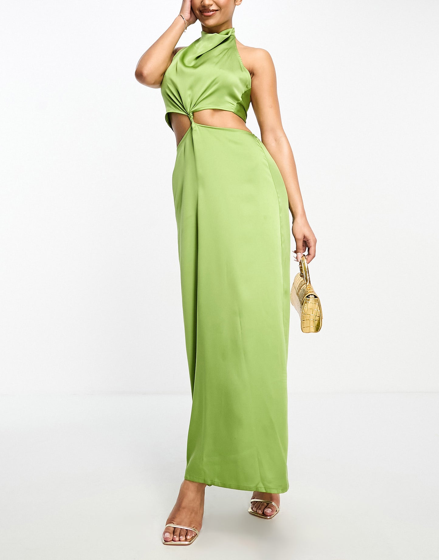 Aria Cove satin halterneck twist detail maxi dress in green