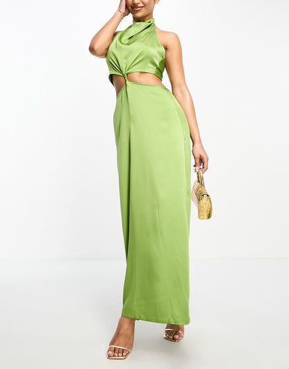 Aria Cove satin halterneck twist detail maxi dress in green