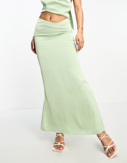 Aria Cove satin fishtail maxi skirt co-ord in sage green