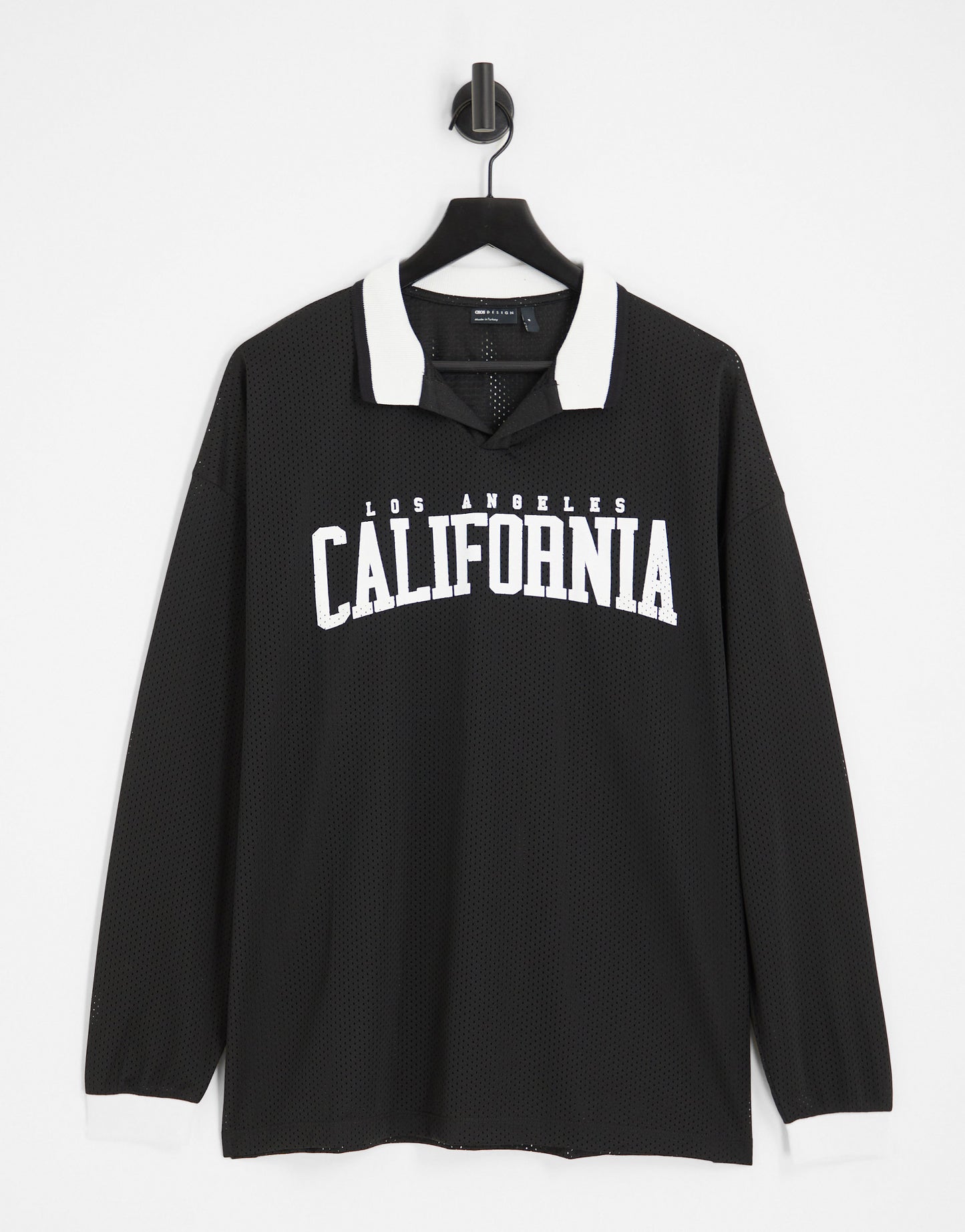 ASOS DESIGN oversized long sleeve polo shirt in black sporty fabric with California print