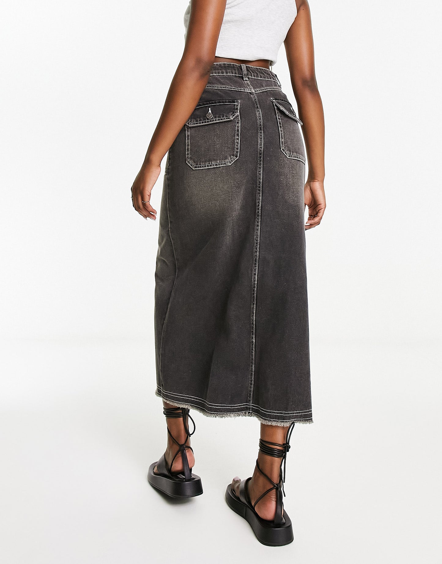 Miss Selfridge pocket detail maxi skirt in black wash with contrast stitching