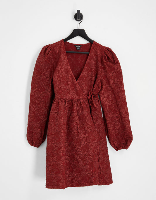 Monki floral jacquard wrap mini dress in burgundy