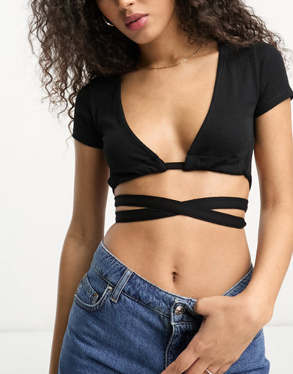 ASOS DESIGN super crop top with gathered tie detail in black