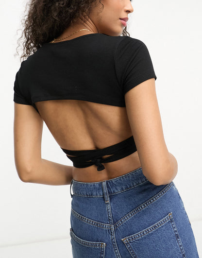 ASOS DESIGN super crop top with gathered tie detail in black