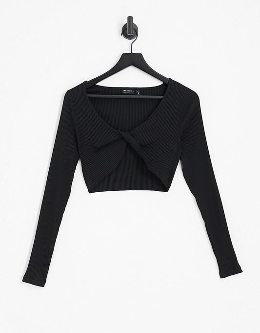 ASOS DESIGN long sleeve crop top in twist front in rib in black