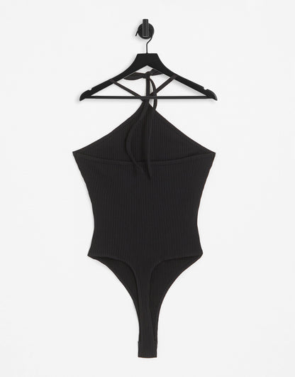 ASOS DESIGN strappy halter neck bodysuit in rib in black